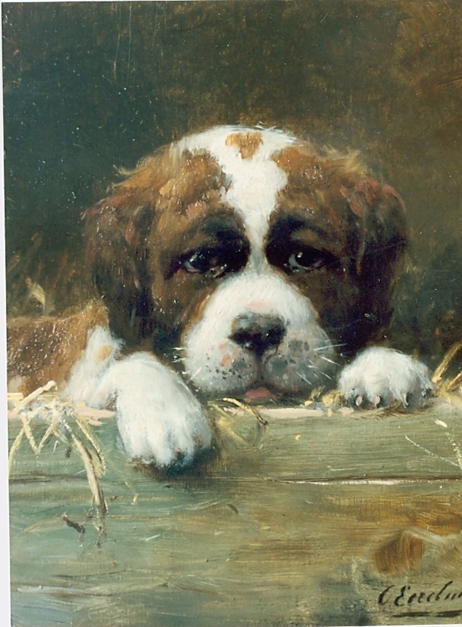 Eerelman O.  | Otto Eerelman, St. Bernhard puppie in een kist met stro, olieverf op paneel 27,0 x 21,7 cm, gesigneerd rechtsonder
