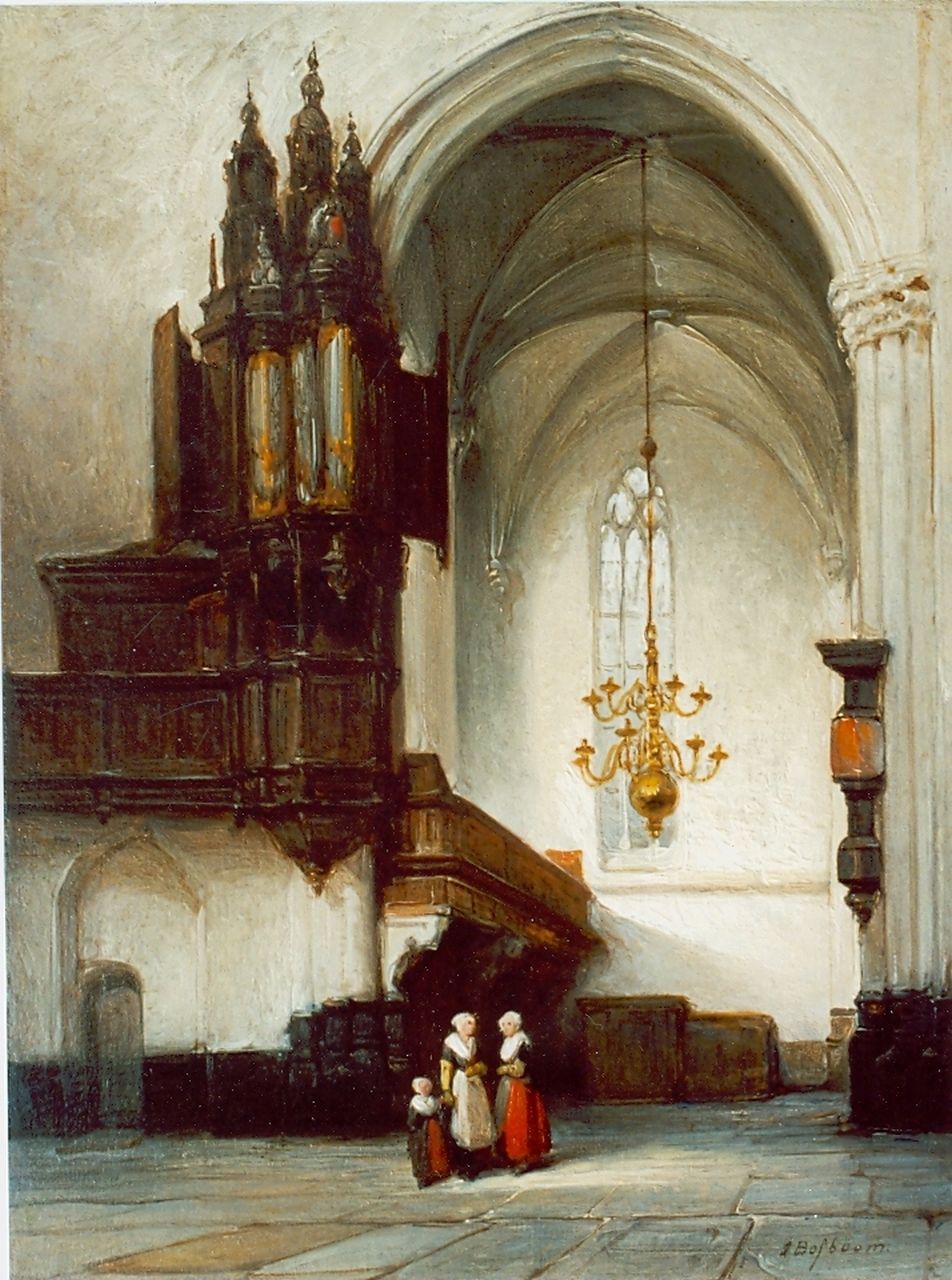 Bosboom J.  | Johannes Bosboom, Twee vrouwen met een kind in kerk, olieverf op paneel, gesigneerd rechtsonder