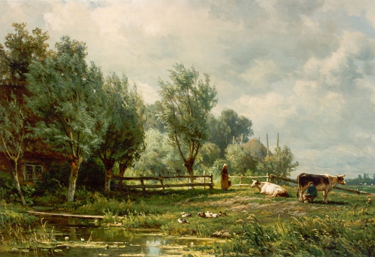 Borselen J.W. van | Jan Willem van Borselen, Koeien in weide aan sloot, olieverf op doek 29,0 x 44,6 cm, gesigneerd rechtsonder