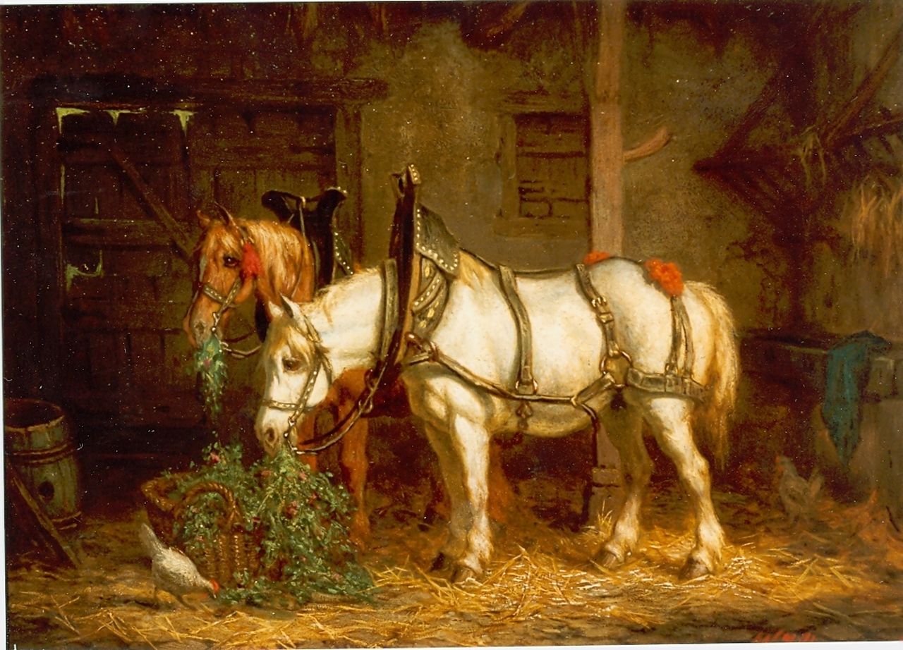 Boogaard W.J.  | Willem Johan Boogaard, Tuigpaarden in de stal, olieverf op paneel 19,8 x 26,9 cm, gesigneerd rechtsonder