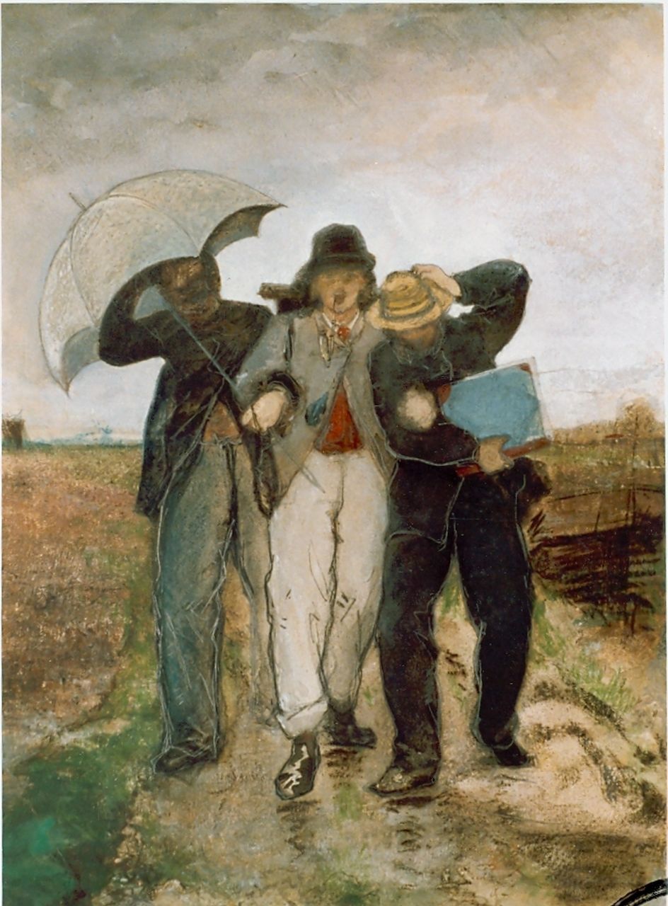 Blommers B.J.  | Bernardus Johannes Blommers, Drie schilders in de regen, aquarel op papier 37,0 x 27,0 cm