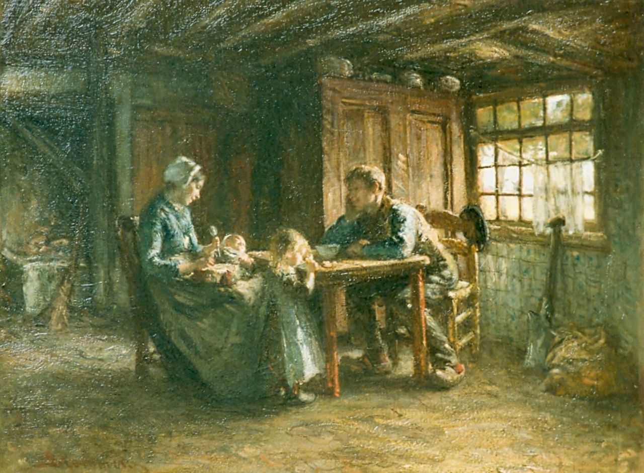 Blommers B.J.  | Bernardus Johannes Blommers, Jong boeren gezin aan tafel, olieverf op doek 56,0 x 73,7 cm, gesigneerd linksonder