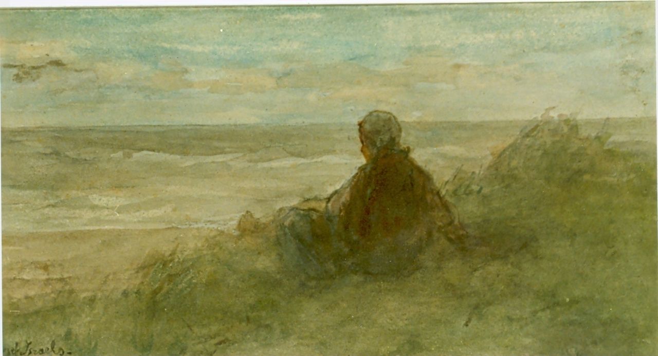 Israëls J.  | Jozef Israëls, Meisje op duintop, uitkijkend over de zee, aquarel op papier 17,0 x 31,0 cm, gesigneerd linksonder