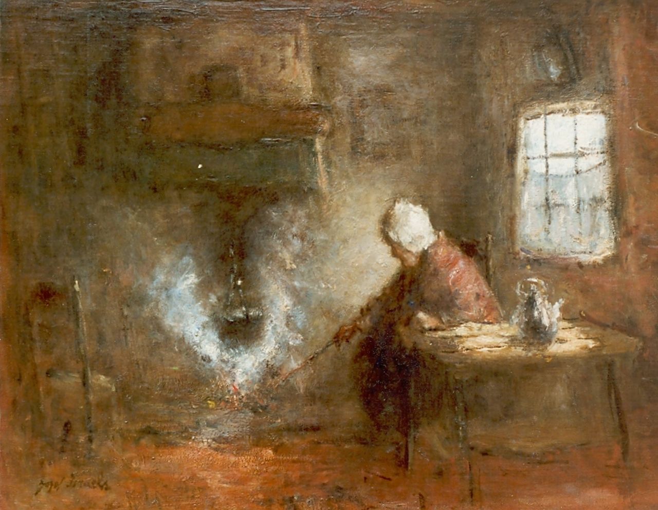 Israëls J.  | Jozef Israëls, Interieur met oude vrouw bij kookpot, olieverf op doek 43,0 x 53,0 cm, gesigneerd linksonder