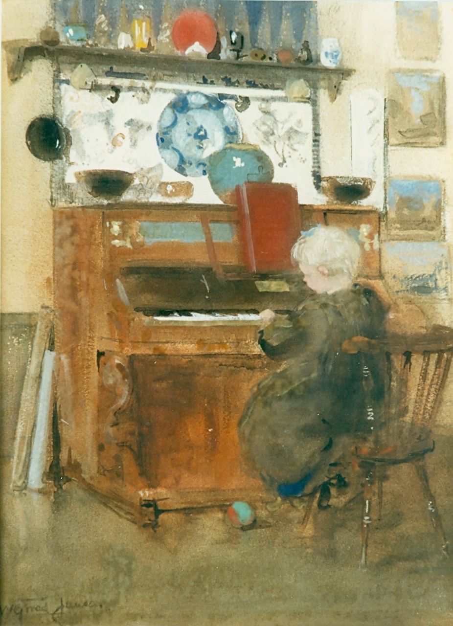 Jansen W.G.F.  | 'Willem' George Frederik Jansen, Pianospelend meisje, aquarel en gouache op papier 34,0 x 25,0 cm, gesigneerd linksonder