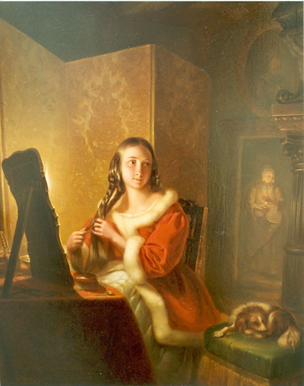 Kiers P.  | Petrus Kiers, Vrouw bij toilettafel, olieverf op paneel 49,2 x 38,8 cm