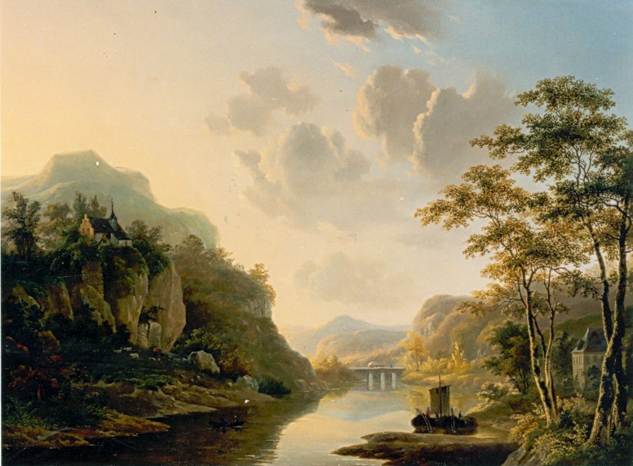 Klerk W. de | Willem de Klerk, Bergachtig rivierlandschap, olieverf op paneel 48,0 x 64,5 cm, gesigneerd rechtsonder