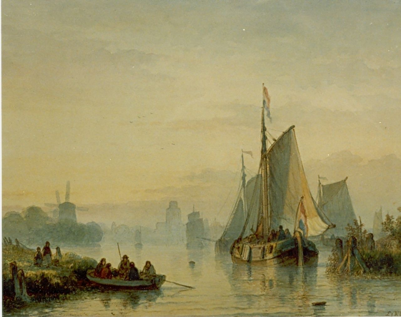 Kleijn L.J.  | Lodewijk Johannes Kleijn, Zeilboten op een rivier bij avond, aquarel op papier 42,2 x 32,0 cm, gesigneerd rechtsonder