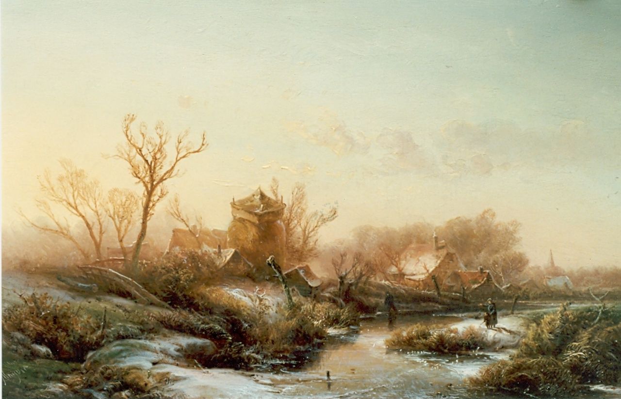 Kluyver P.L.F.  | 'Pieter' Lodewijk Francisco Kluyver, Winters dorpje met bevroren gracht, olieverf op paneel 27,2 x 43,3 cm, gesigneerd linksonder