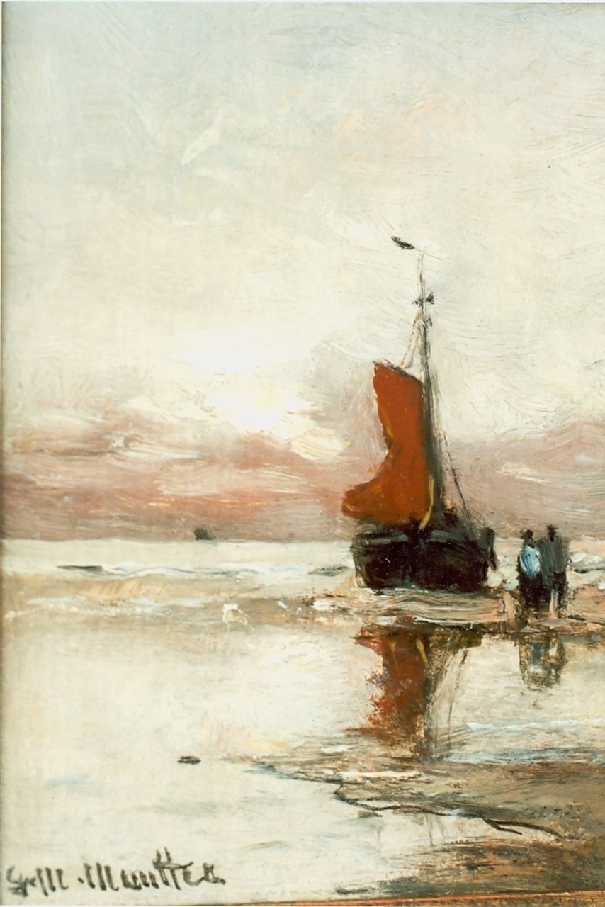 Munthe G.A.L.  | Gerhard Arij Ludwig 'Morgenstjerne' Munthe, Vissersboot op het strand, olieverf op paneel 16,0 x 12,3 cm, gesigneerd linksonder