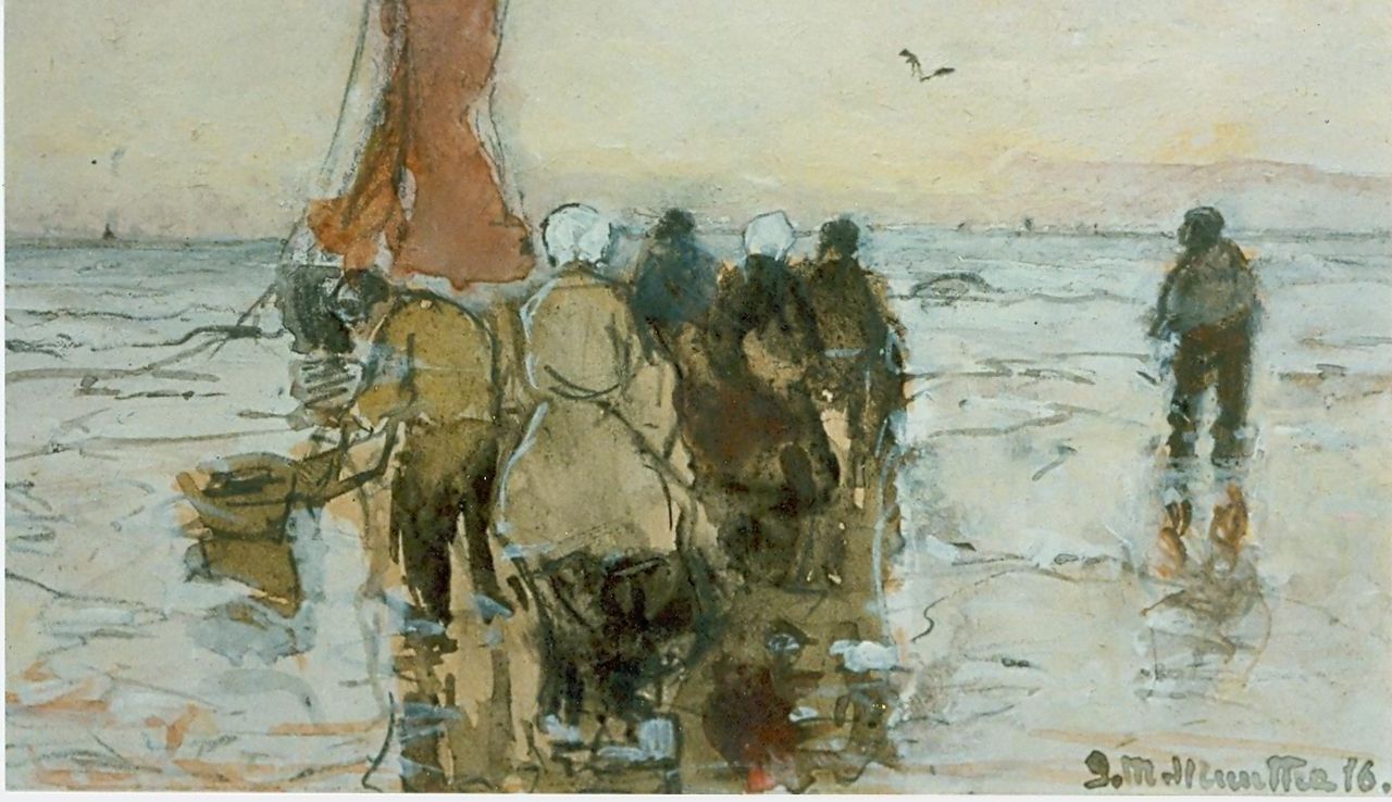 Munthe G.A.L.  | Gerhard Arij Ludwig 'Morgenstjerne' Munthe, Vissers op het strand, aquarel op papier 6,9 x 10,8 cm, gesigneerd rechtsonder en gedateerd '16