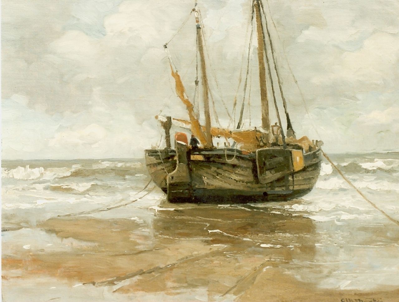 Munthe G.A.L.  | Gerhard Arij Ludwig 'Morgenstjerne' Munthe, Bomschuit op het strand, olieverf op doek op paneel 41,0 x 53,0 cm, gesigneerd rechtsonder