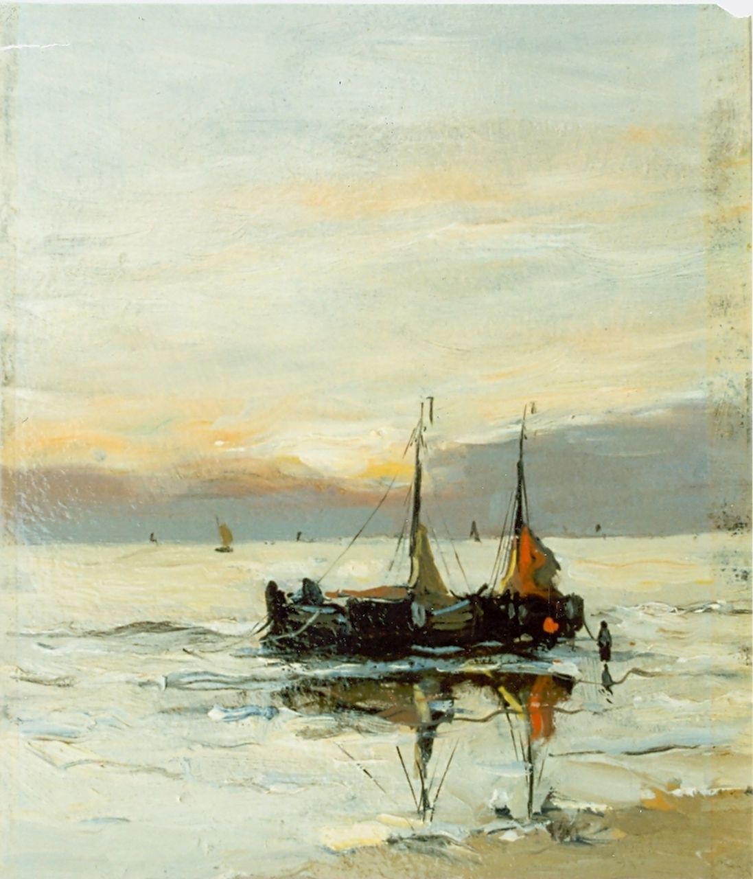 Munthe G.A.L.  | Gerhard Arij Ludwig 'Morgenstjerne' Munthe, Bomschuiten op het strand, olieverf op board 21,0 x 16,5 cm, gesigneerd linksonder