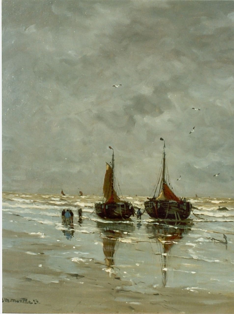 Munthe G.A.L.  | Gerhard Arij Ludwig 'Morgenstjerne' Munthe, Bommen en vissersvolk op het strand, olieverf op doek 60,0 x 50,0 cm, gesigneerd linksonder