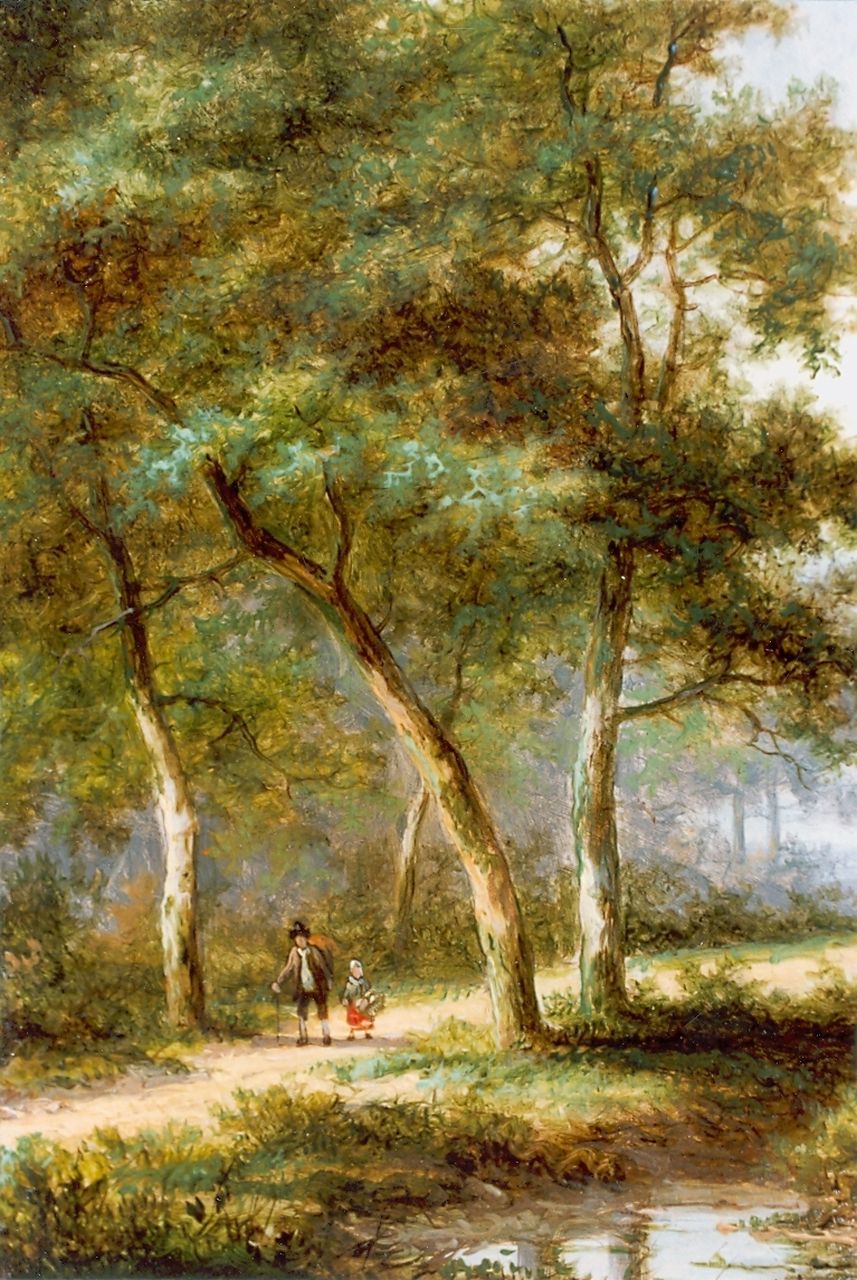 Morel I J.E.  | Jan Evert Morel I, Reizigers op een bospad, olieverf op paneel 18,0 x 13,8 cm, gesigneerd rechtsonder