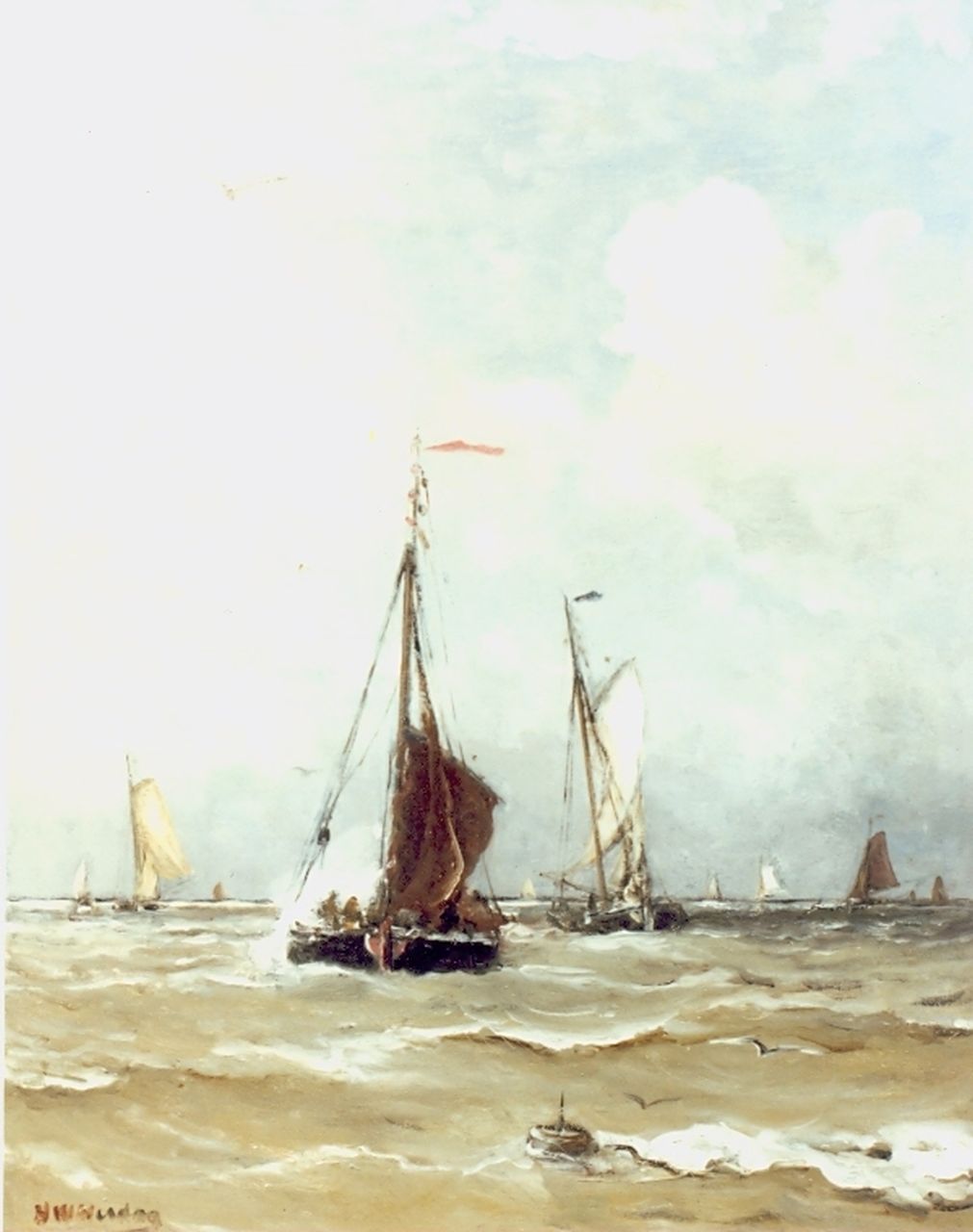 Mesdag H.W.  | Hendrik Willem Mesdag, Visserschuiten op zonnige zee, olieverf op doek 50,0 x 40,0 cm, gesigneerd linksonder