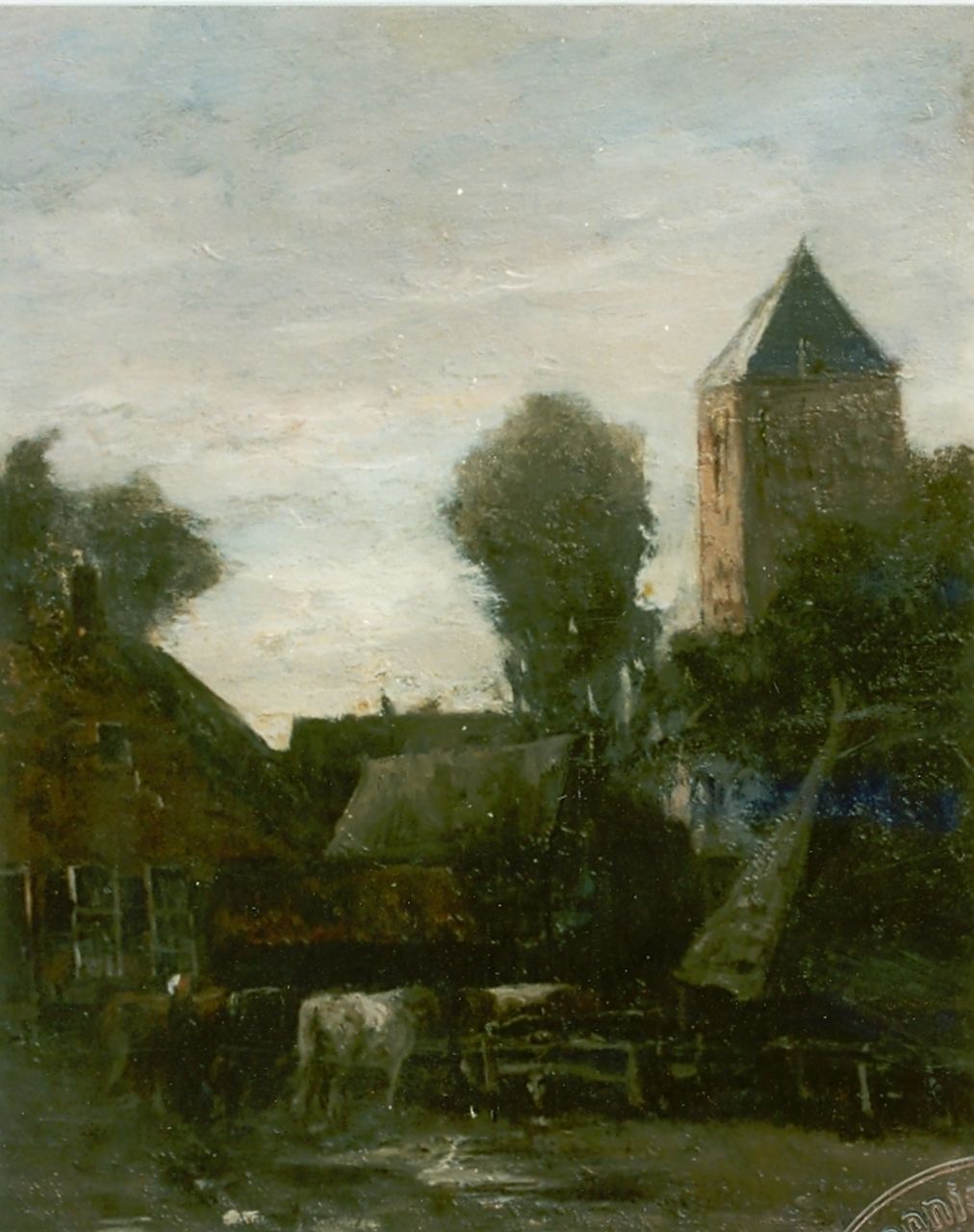 Mesdag H.W.  | Hendrik Willem Mesdag, Koeien in een dorpje, olieverf op paneel 31,7 x 25,4 cm
