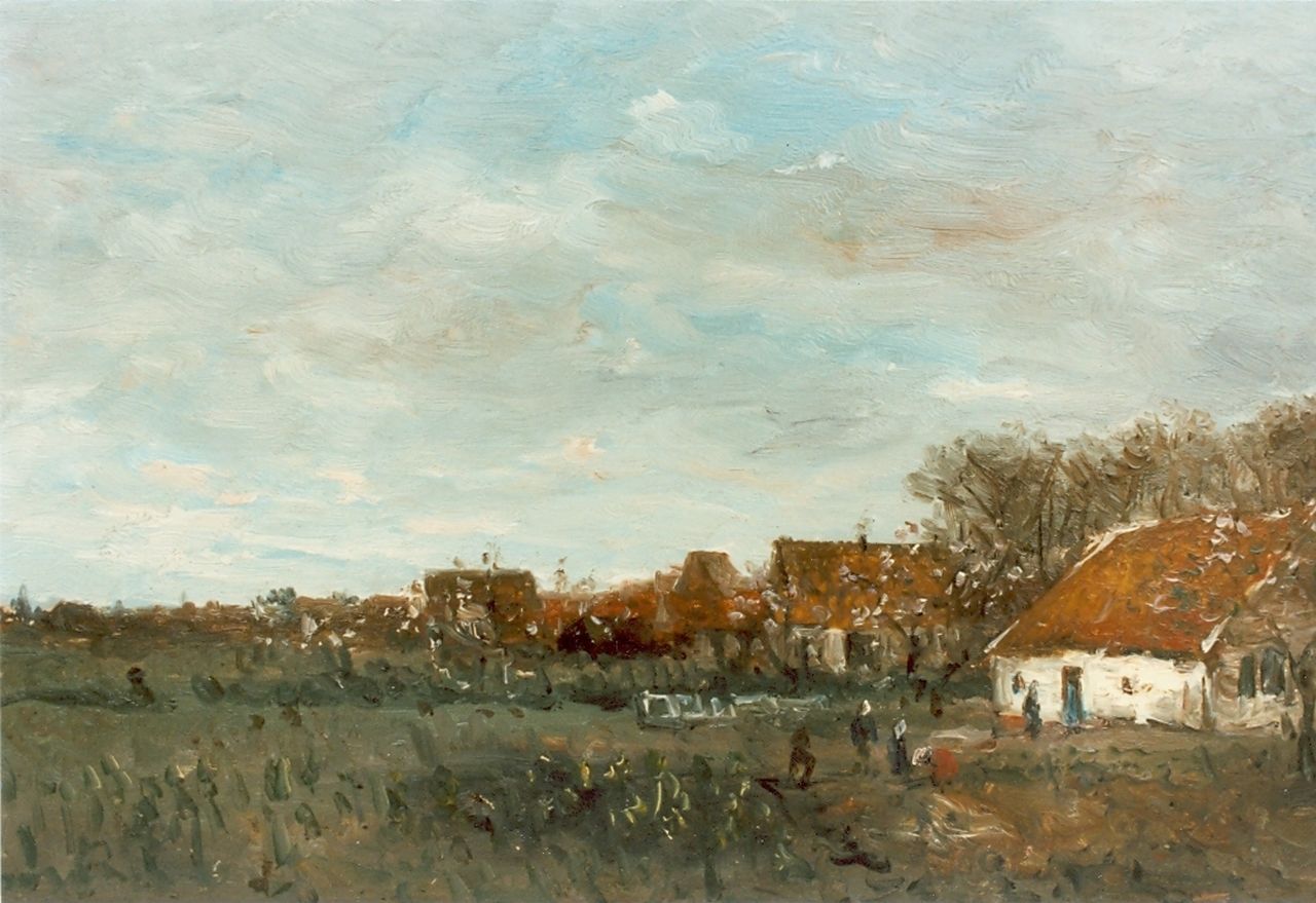 Mesdag H.W.  | Hendrik Willem Mesdag, Figuren in moestuin bij boerderij, olieverf op doek op paneel 22,0 x 36,0 cm