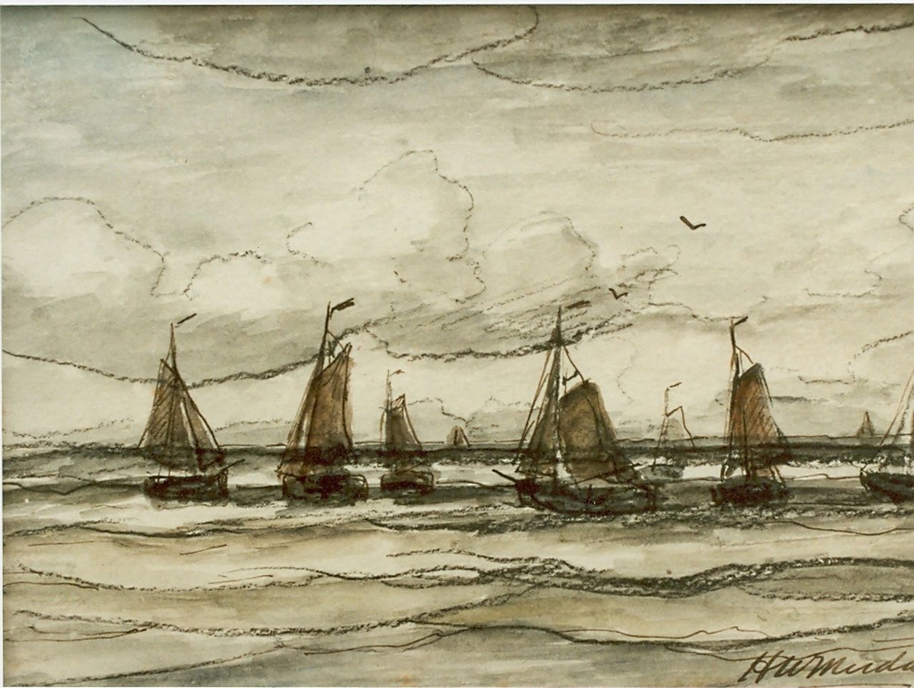 Mesdag H.W.  | Hendrik Willem Mesdag, Zeilboten op volle zee, aquarel op papier 13,6 x 19,6 cm, gesigneerd rechtsonder