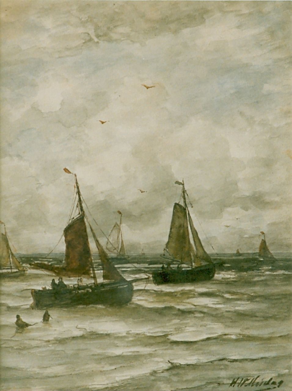 Mesdag H.W.  | Hendrik Willem Mesdag, Boten op volle zee, aquarel op papier 41,0 x 31,5 cm, gesigneerd rechtsonder