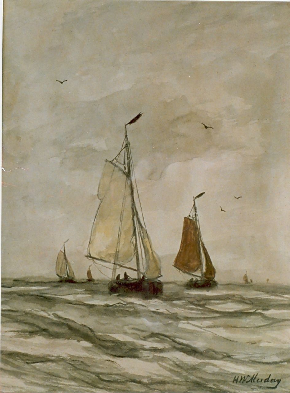 Mesdag H.W.  | Hendrik Willem Mesdag, Vissersboten op volle zee, aquarel op papier 35,0 x 30,0 cm, gesigneerd rechtsonder