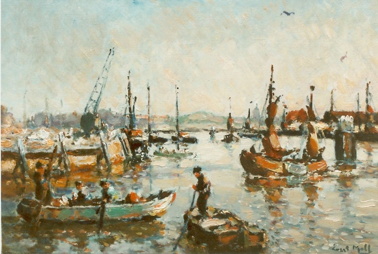 Moll E.  | Evert Moll, Bedrijvigheid in de haven, olieverf op doek 40,5 x 59,7 cm, gesigneerd rechtsonder