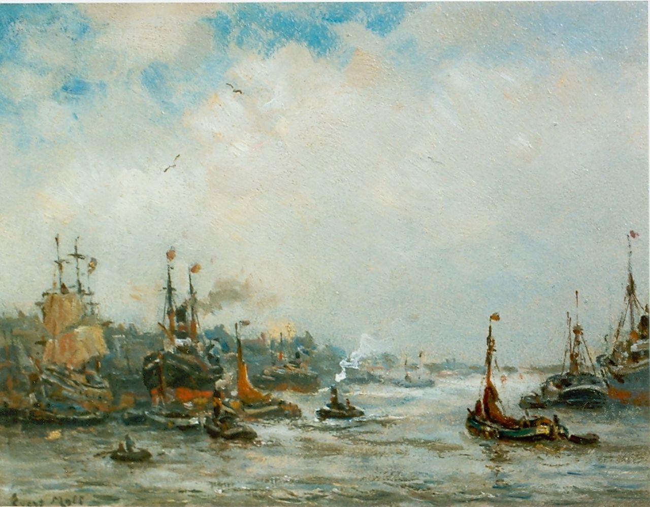 Moll E.  | Evert Moll, Rotterdamse haven, olieverf op board 19,5 x 25,1 cm, gesigneerd linksonder