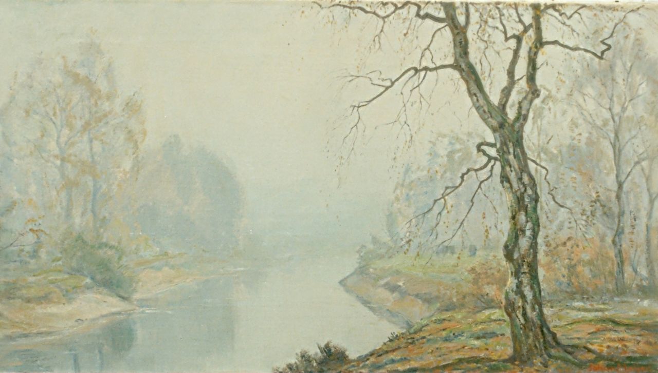 Meijer J.  | Johannes 'Johan' Meijer, Nevelige herfst morgen, olieverf op doek 44,3 x 84,0 cm, gesigneerd rechtsonder