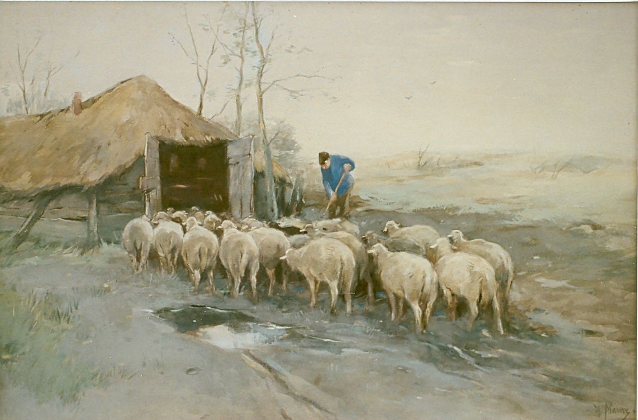 Mauve A.  | Anthonij 'Anton' Mauve, Terugkomst kudde schapen, aquarel op papier 38,0 x 56,0 cm, gesigneerd rechtsonder