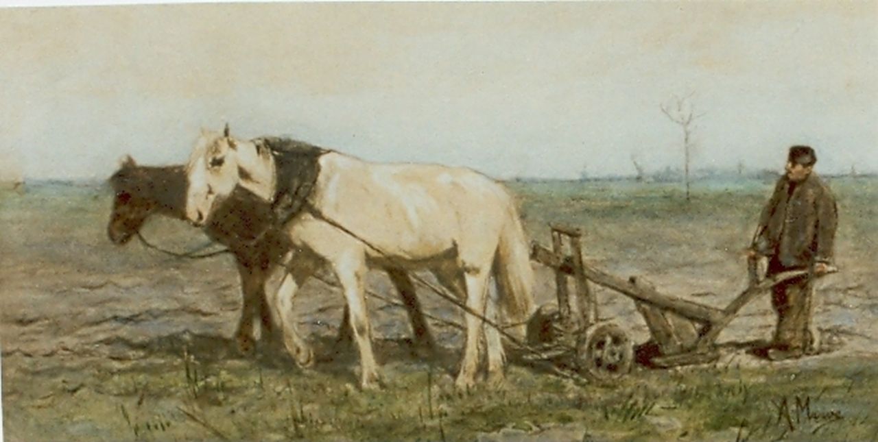 Mauve A.  | Anthonij 'Anton' Mauve, Boer met zijn ploeg, aquarel op papier 20,2 x 37,0 cm, gesigneerd rechtsonder
