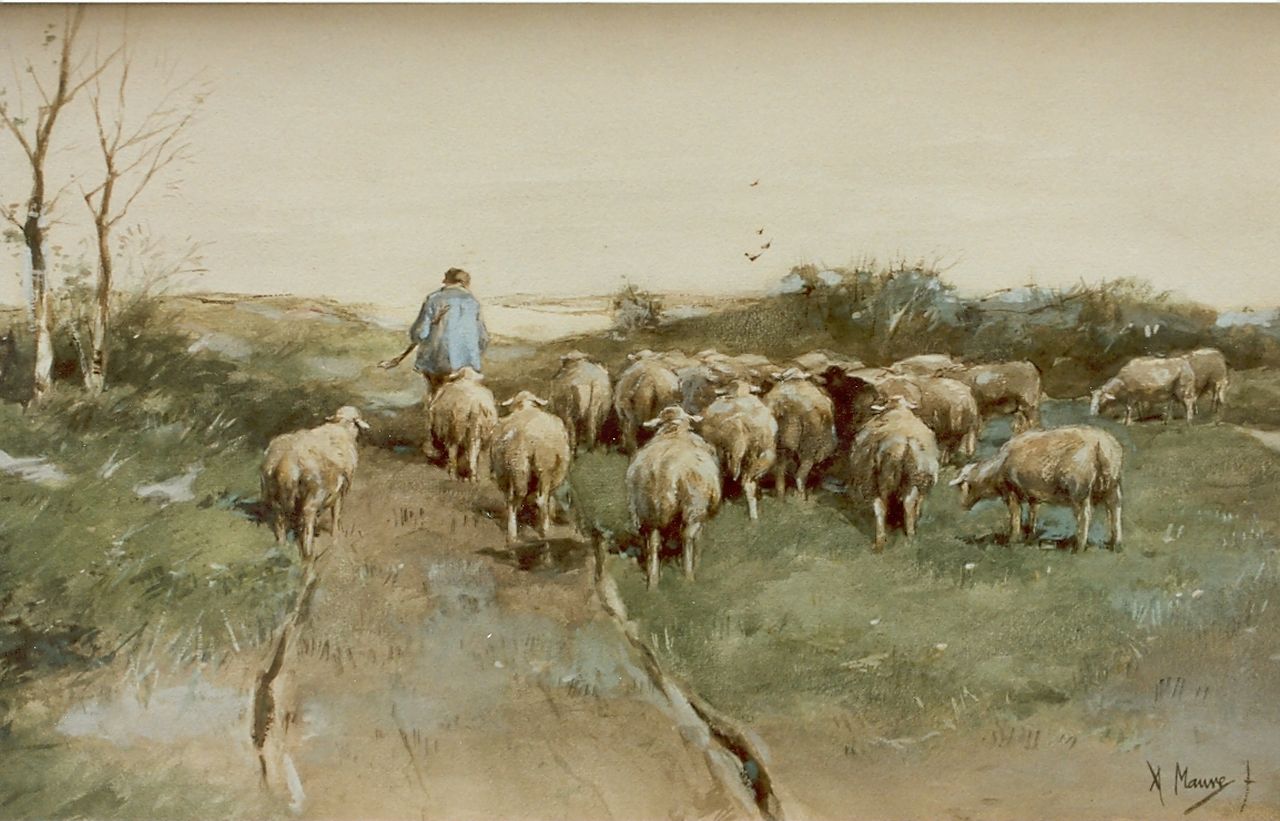 Mauve A.  | Anthonij 'Anton' Mauve, Herder met zijn kudde schapen, aquarel op papier 31,5 x 52,0 cm, gesigneerd rechtsonder