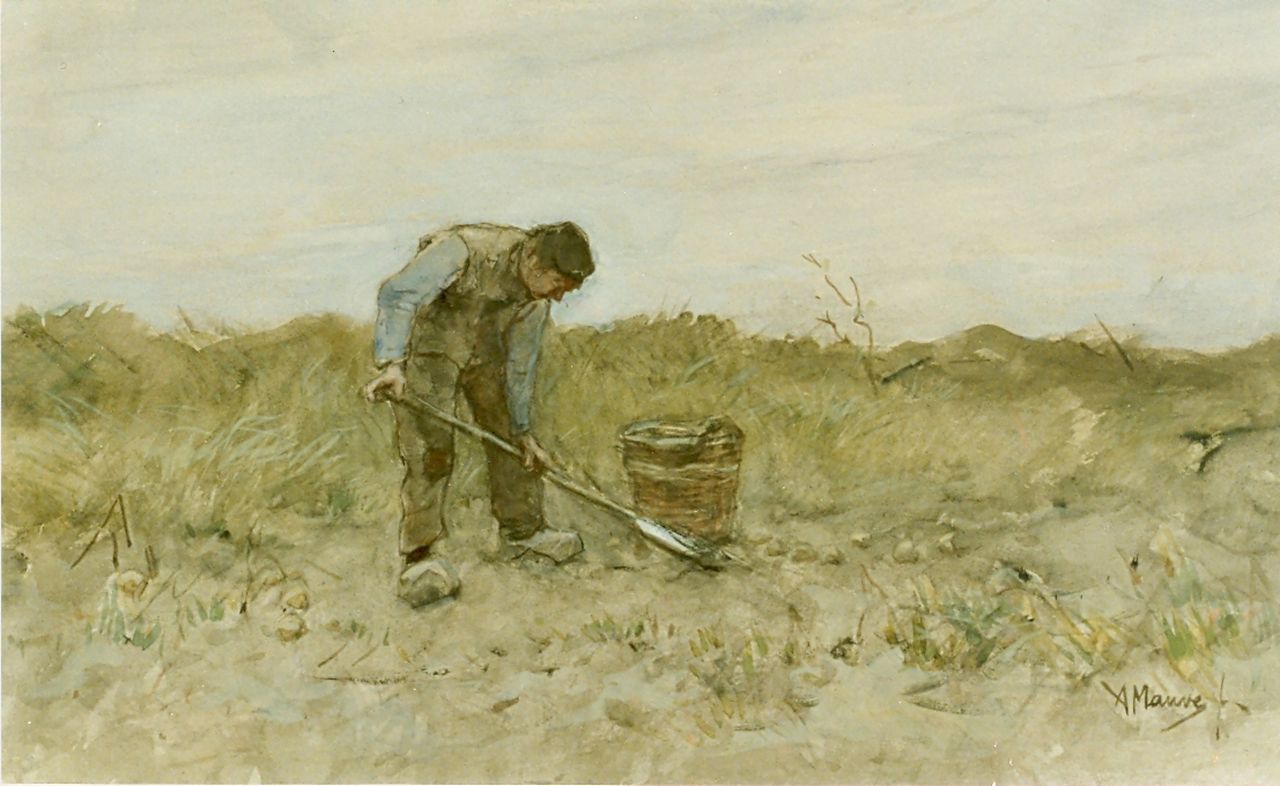 Mauve A.  | Anthonij 'Anton' Mauve, Boer rooit aardappels, aquarel op papier 27,5 x 45,0 cm, gesigneerd rechtsonder
