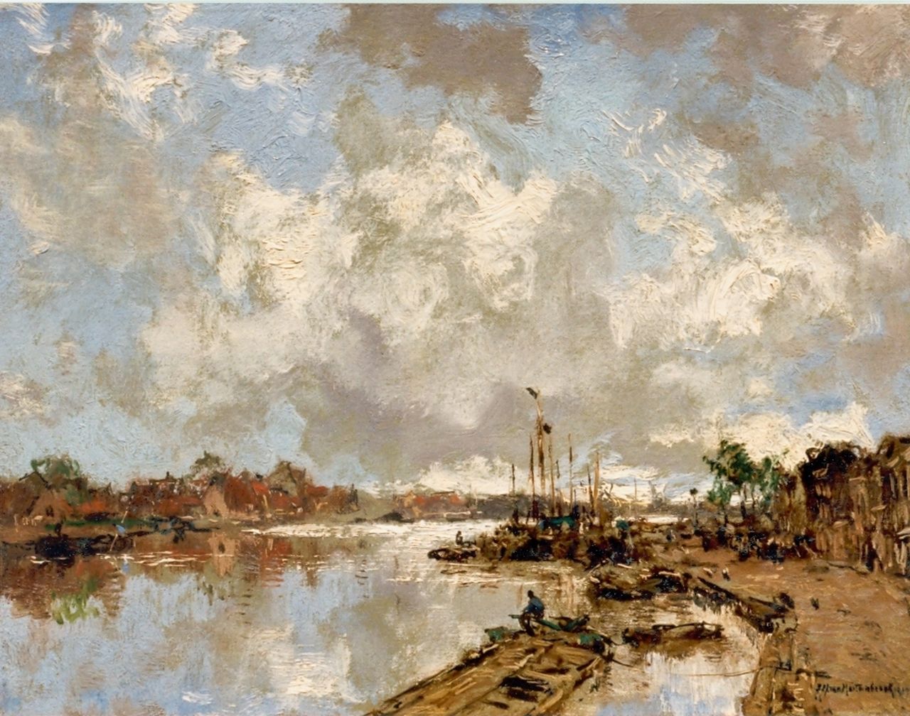 Mastenbroek J.H. van | Johan Hendrik van Mastenbroek, Stad aan de rivier, olieverf op doek 26,5 x 34,0 cm, gesigneerd rechtsonder en gedateerd 1919