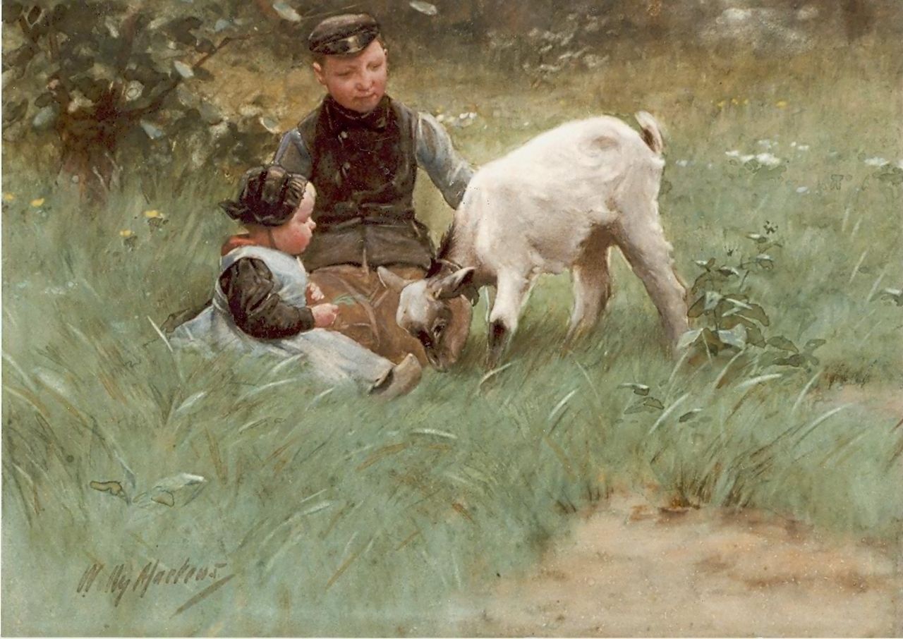 Martens W.  | Willem 'Willy' Martens, Kinderen met geitje in de wei, aquarel op papier 40,6 x 49,8 cm, gesigneerd linksonder