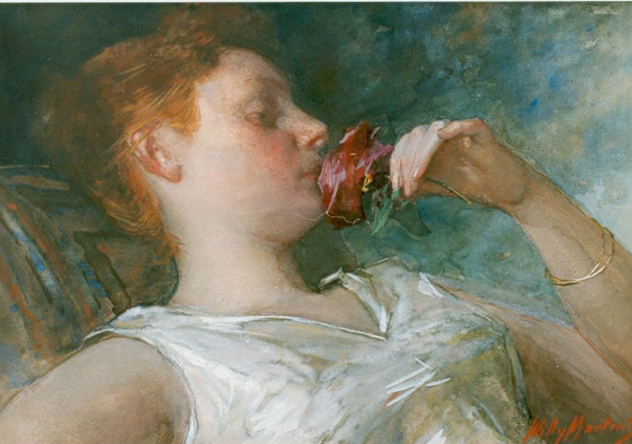 Martens W.  | Willem 'Willy' Martens, Jonge vrouw ruikend aan een roos, aquarel op papier 31,5 x 45,0 cm, gesigneerd rechtsonder