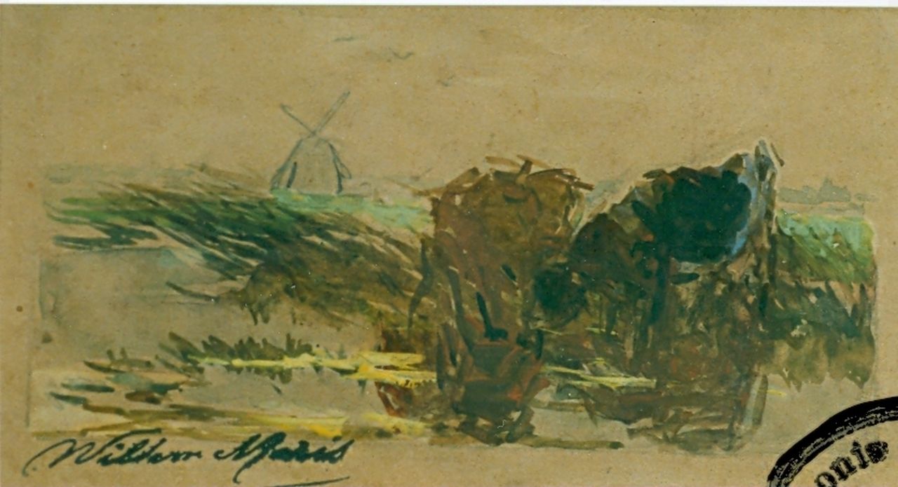 Maris W.  | Willem Maris, Studie landschapje, 10,6 x 18,6 cm, gesigneerd linksonder