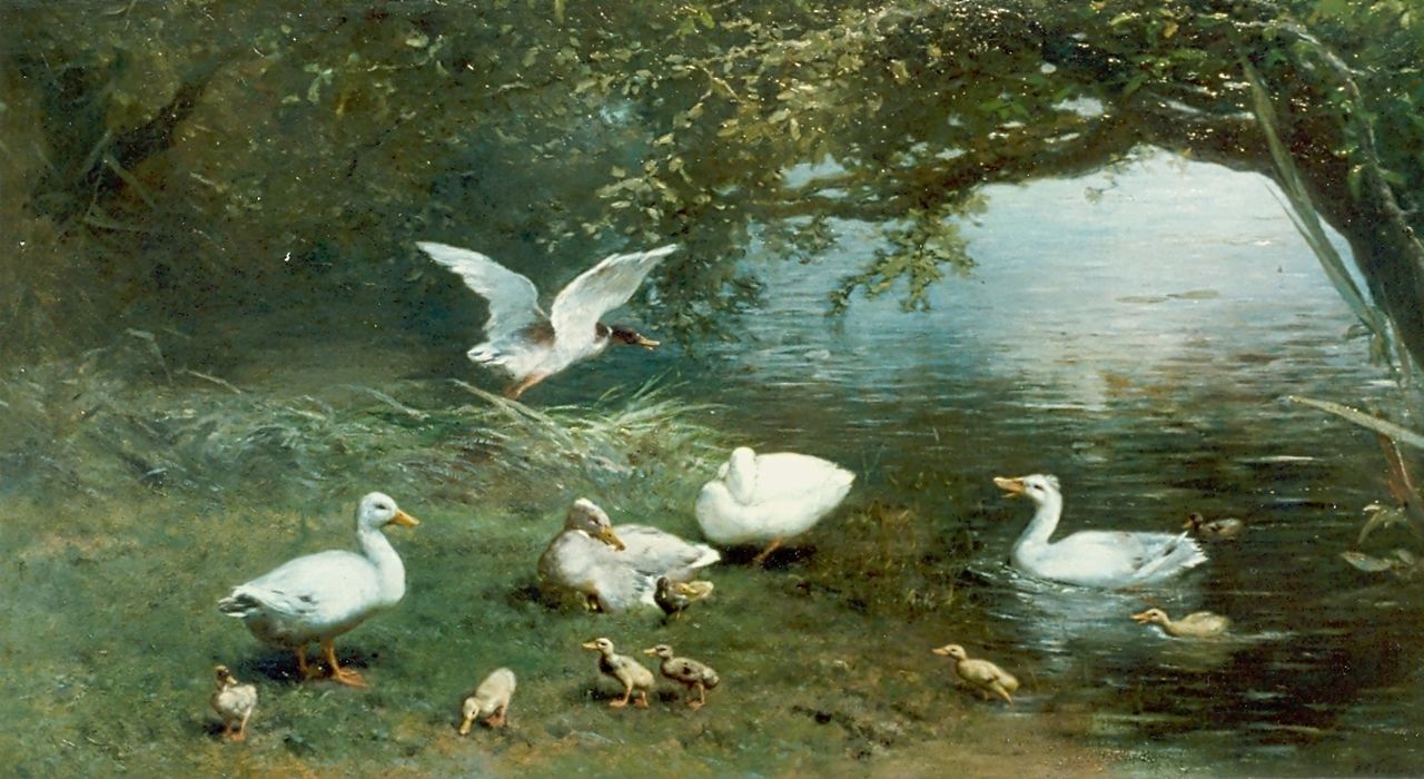 Maris W.  | Willem Maris, Eendenfamilie met kuikentjes aan de waterkant, olieverf op doek 56,0 x 111,0 cm, gesigneerd rechtsonder en gedateerd 1870