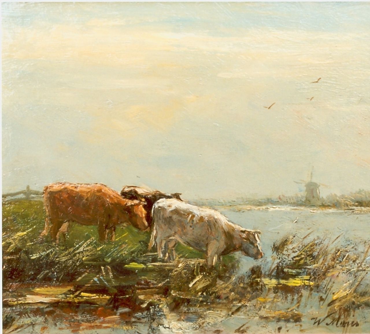 Maris W.  | Willem Maris, Koeien aan de slootkant, olieverf op paneel 15,0 x 18,3 cm, gesigneerd rechtsonder