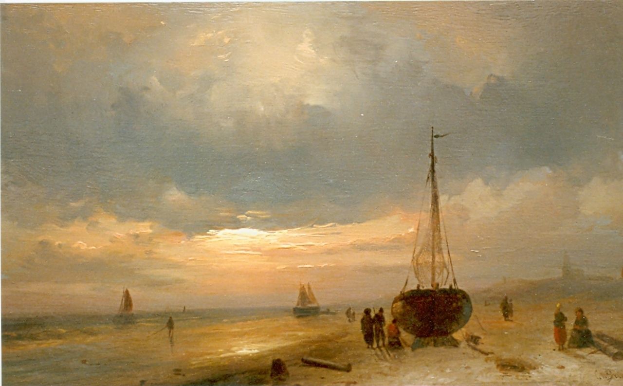 Leickert C.H.J.  | 'Charles' Henri Joseph Leickert, Strandgezicht bij ondergaande zon, olieverf op paneel 17,3 x 29,8 cm, gesigneerd rechtsonder