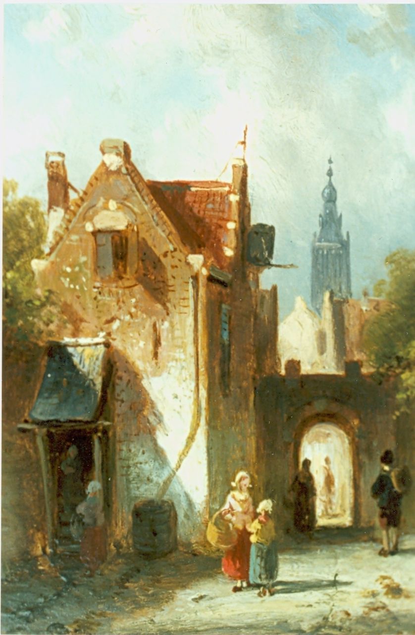 Leickert C.H.J.  | 'Charles' Henri Joseph Leickert, Zonnig stadsgezichtje, olieverf op paneel 11,4 x 9,1 cm, gesigneerd linksonder