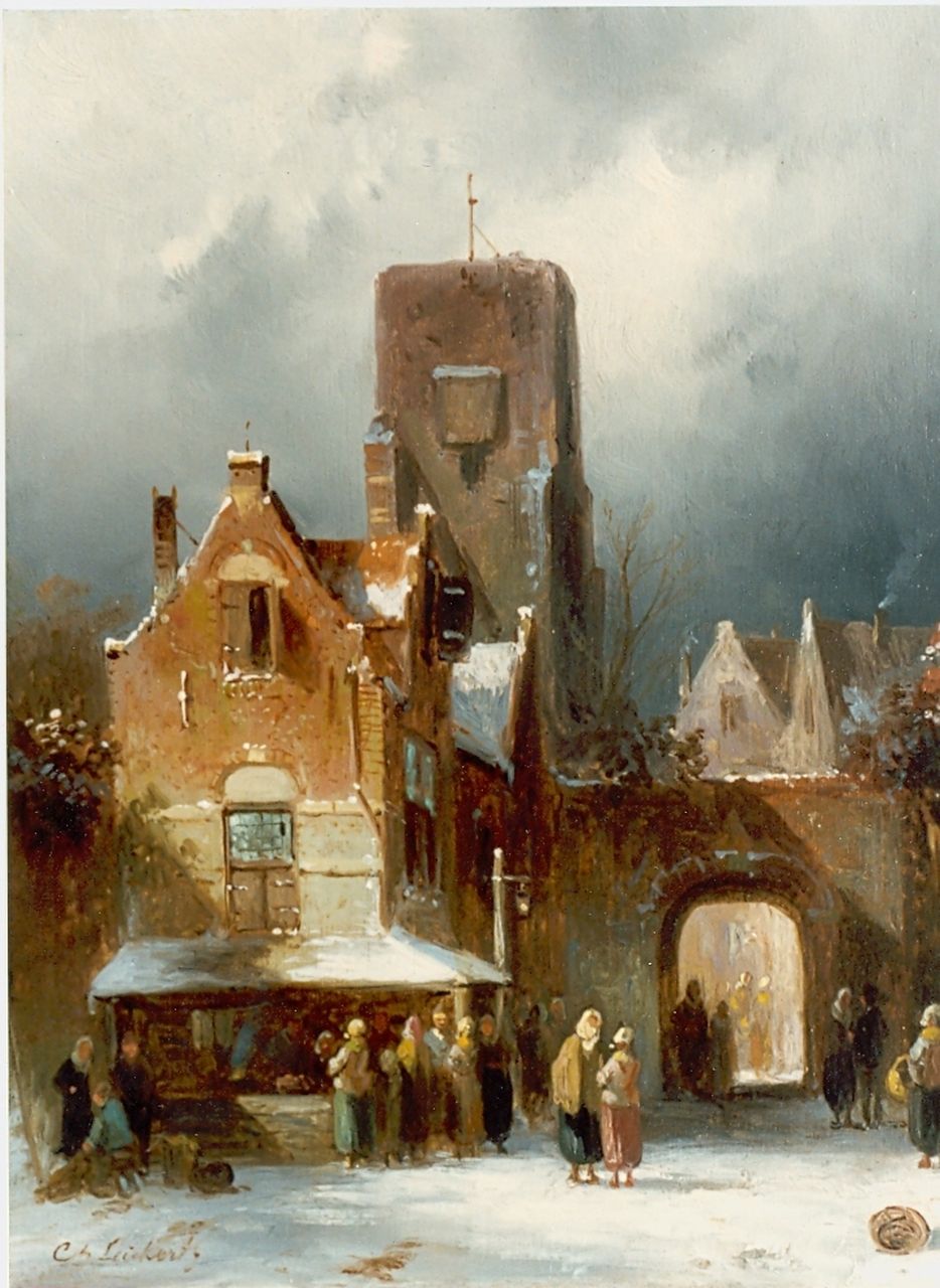 Leickert C.H.J.  | 'Charles' Henri Joseph Leickert, Markt bij een stadspoort, olieverf op paneel 22,1 x 17,6 cm, gesigneerd linksonder