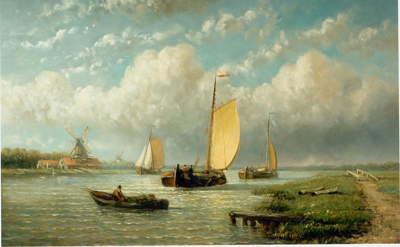 Hulk H.  | Hendrik Hulk, Tjalken op de rivier, olieverf op doek 30,5 x 45,4 cm, gesigneerd rechtsonder