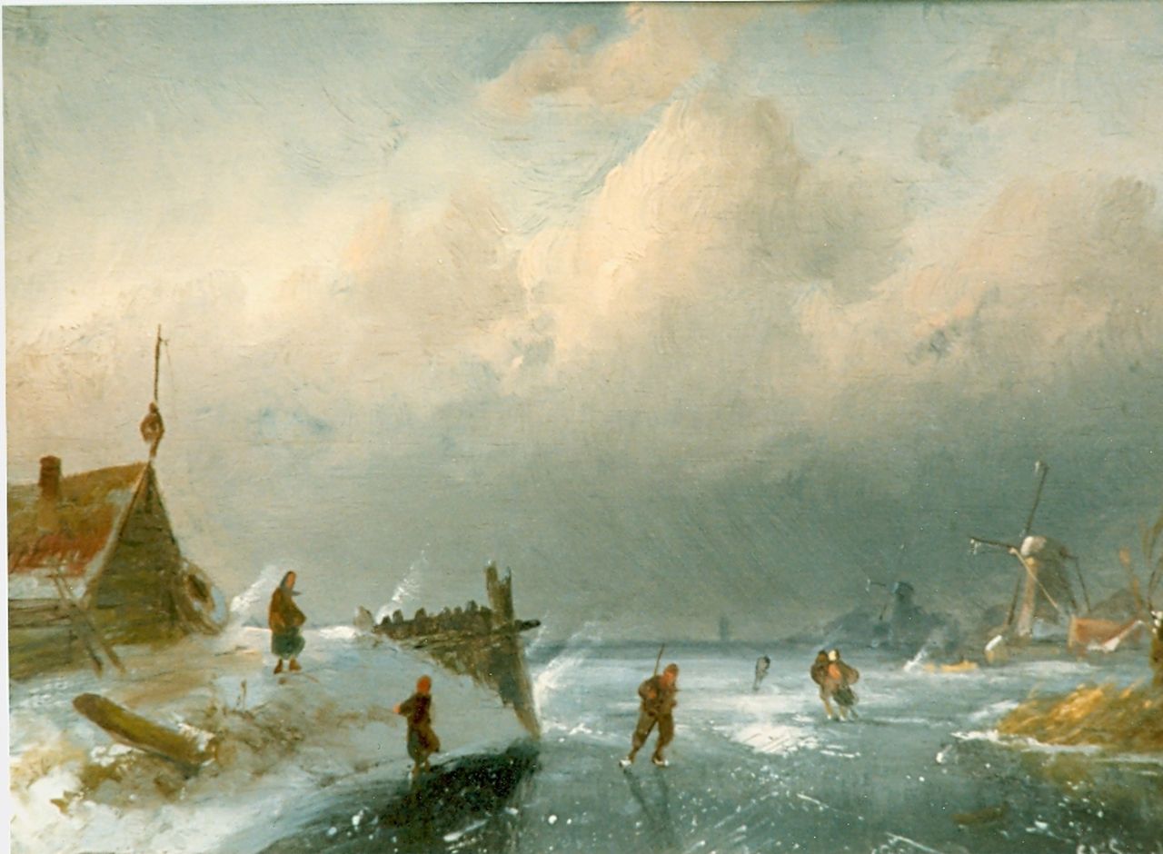 Leickert C.H.J.  | 'Charles' Henri Joseph Leickert, IJsgezicht bij stormachtig weer, olieverf op paneel 18,0 x 24,4 cm, gesigneerd rechtsonder