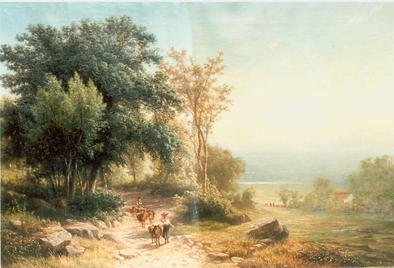 Kruseman van Elten H.D.  | Hendrik Dirk Kruseman van Elten, Boslandschap met reizigers, olieverf op doek 68,6 x 106,0 cm, gesigneerd rechtsonder en gedateerd 1866