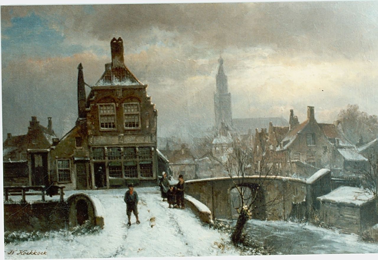 Koekkoek W.  | Willem Koekkoek, Gezicht op winterse dorpsgracht, olieverf op paneel 37,0 x 56,0 cm, gesigneerd linksonder