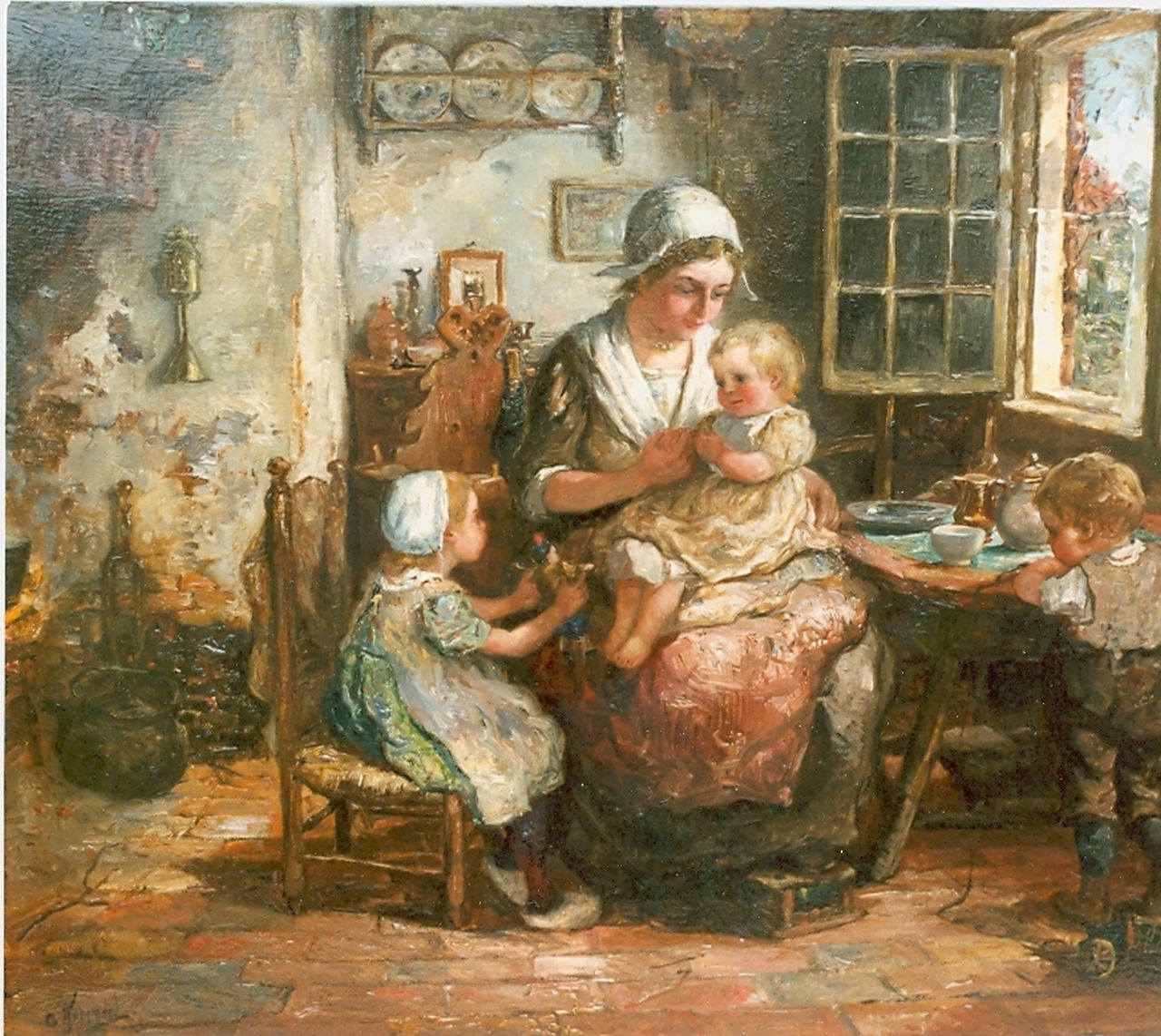Koppenol C.  | Cornelis 'Kees' Koppenol, Moeder met haar drie kinderen bij de tafel, olieverf op doek 45,4 x 55,3 cm, gesigneerd linksonder