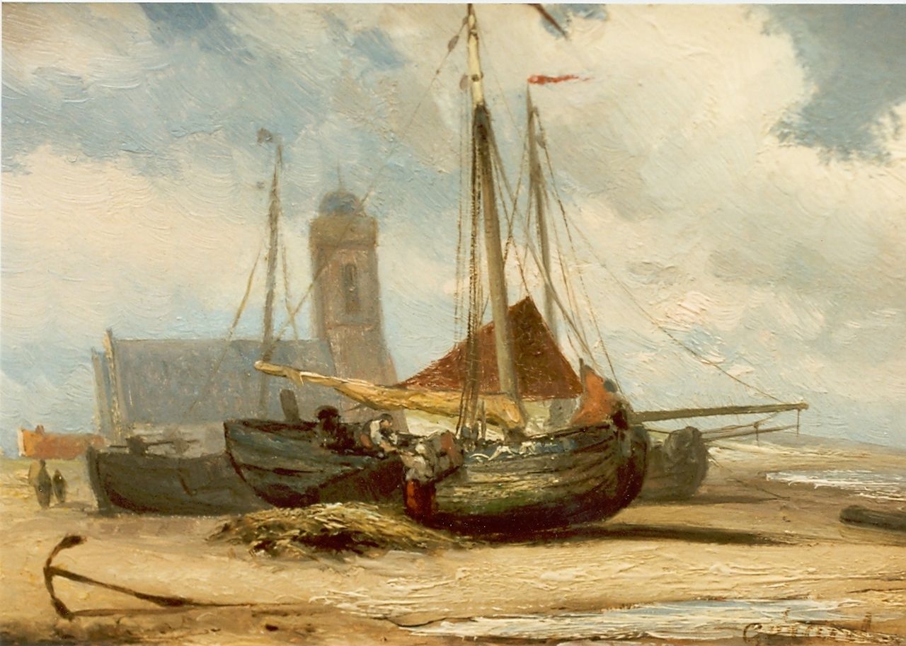Koekkoek G.J.  | Gerardus Johannes 'Gerard' Koekkoek, Bomschuiten op het Katwijkse strand, olieverf op paneel 14,6 x 23,5 cm, gesigneerd linksonder