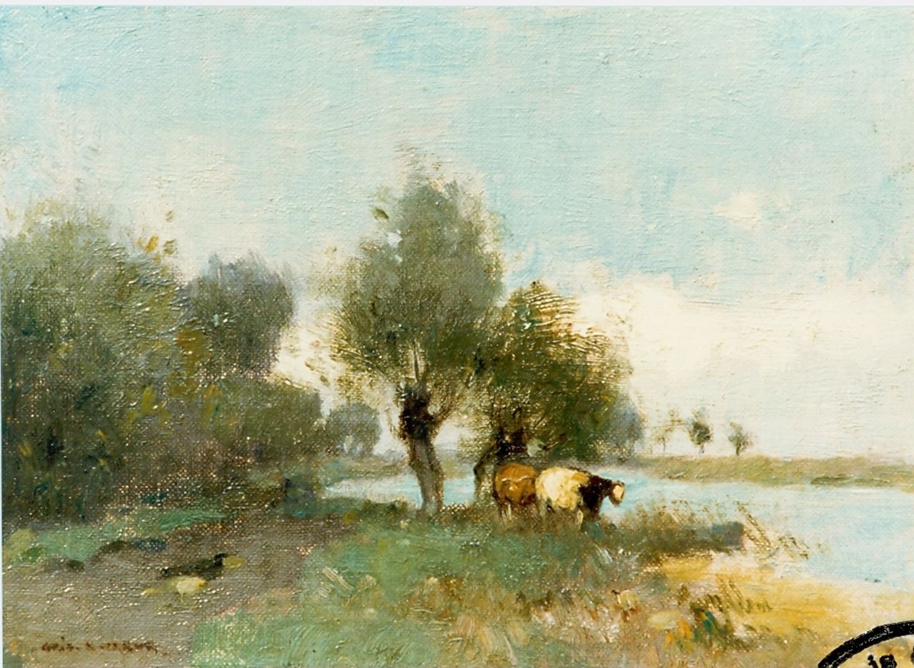 Knikker A.  | Aris Knikker, Hollands landschapje, olieverf op doek op paneel 15,4 x 21,0 cm, gesigneerd linksonder