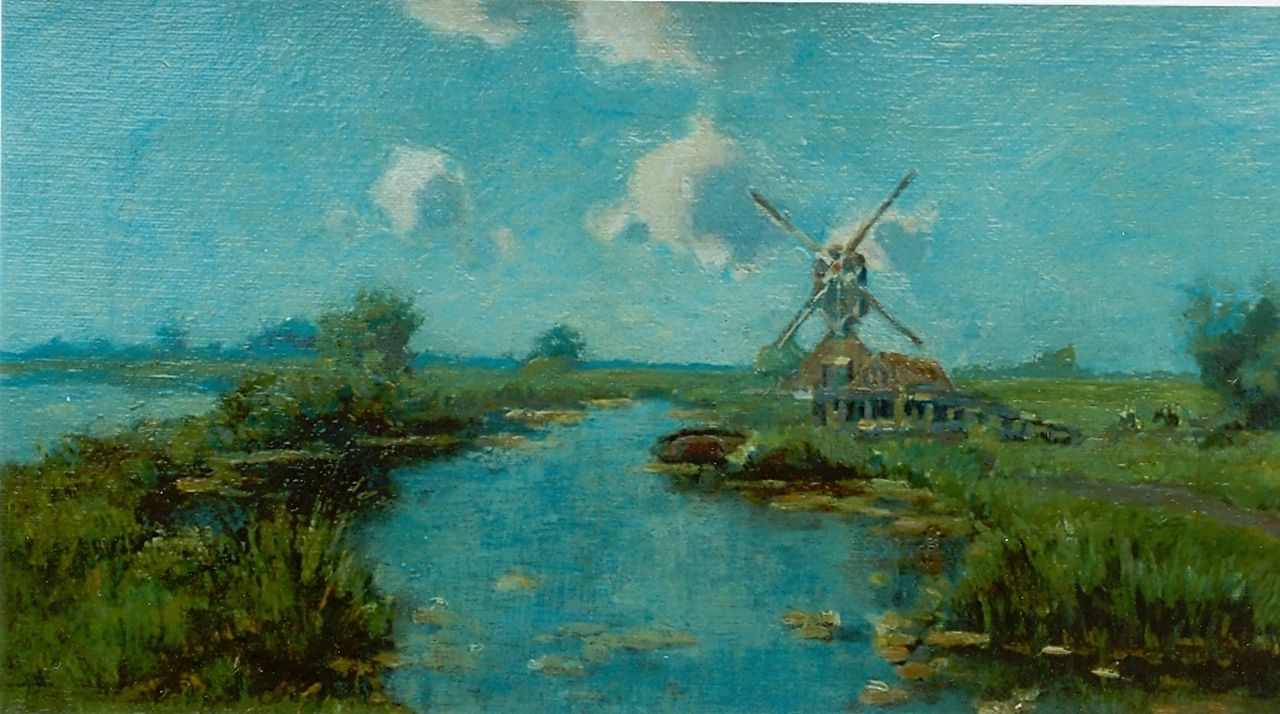 Knikker A.  | Aris Knikker, Polderlandschap met molen, olieverf op doek 18,5 x 34,0 cm