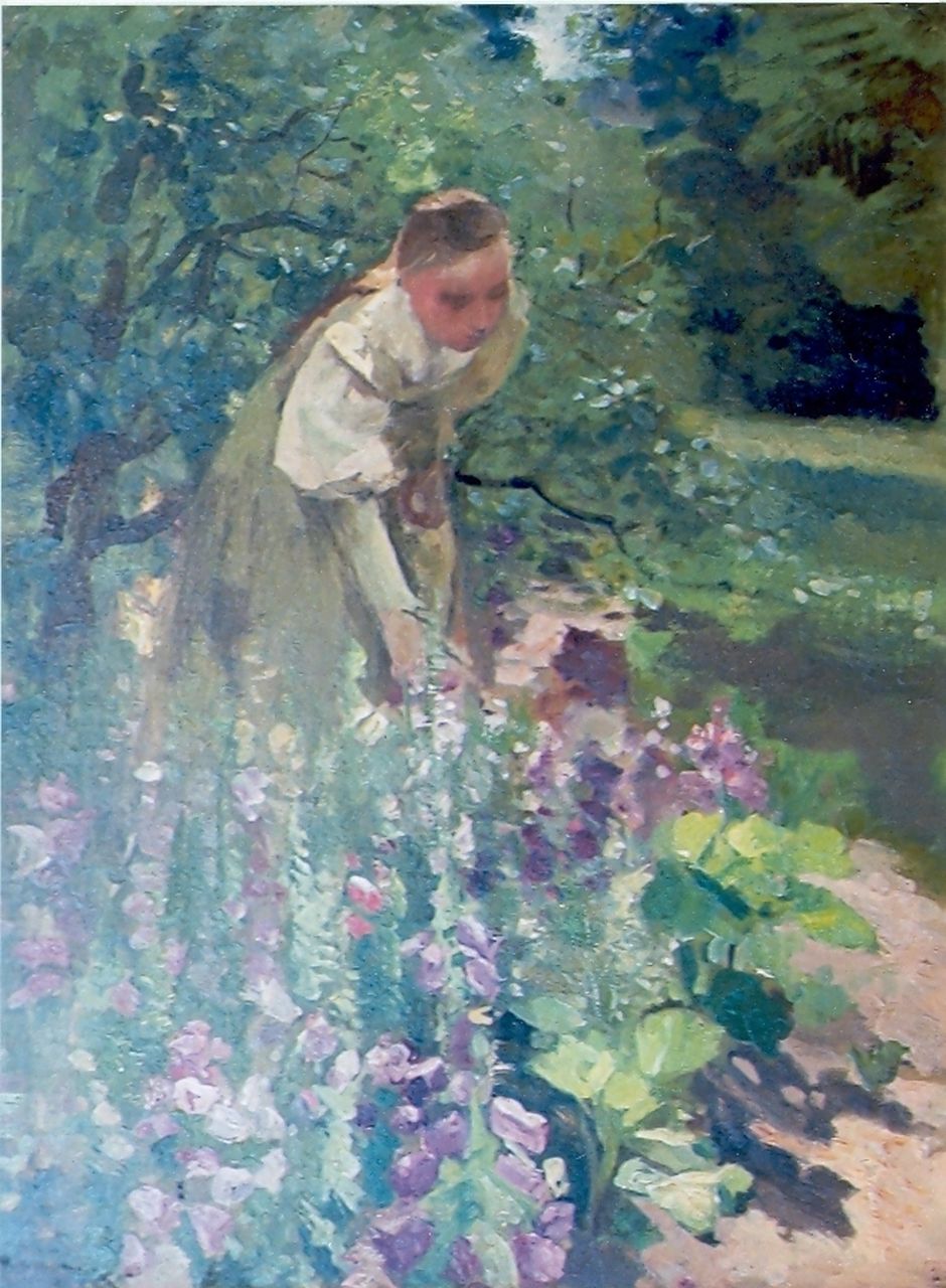 Neuhuys J.A.  | Johannes 'Albert' Neuhuys, Tuinierende jonge vrouw, olieverf op doek